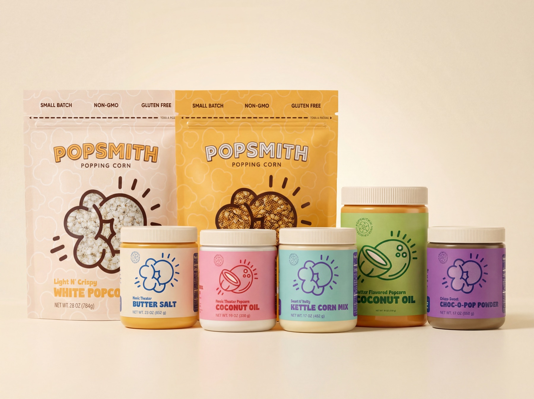 Popsmith consumables lineup — kernel pouches, butter salt, coconut oil, kettle corn mix and Choc-O-Pop powder