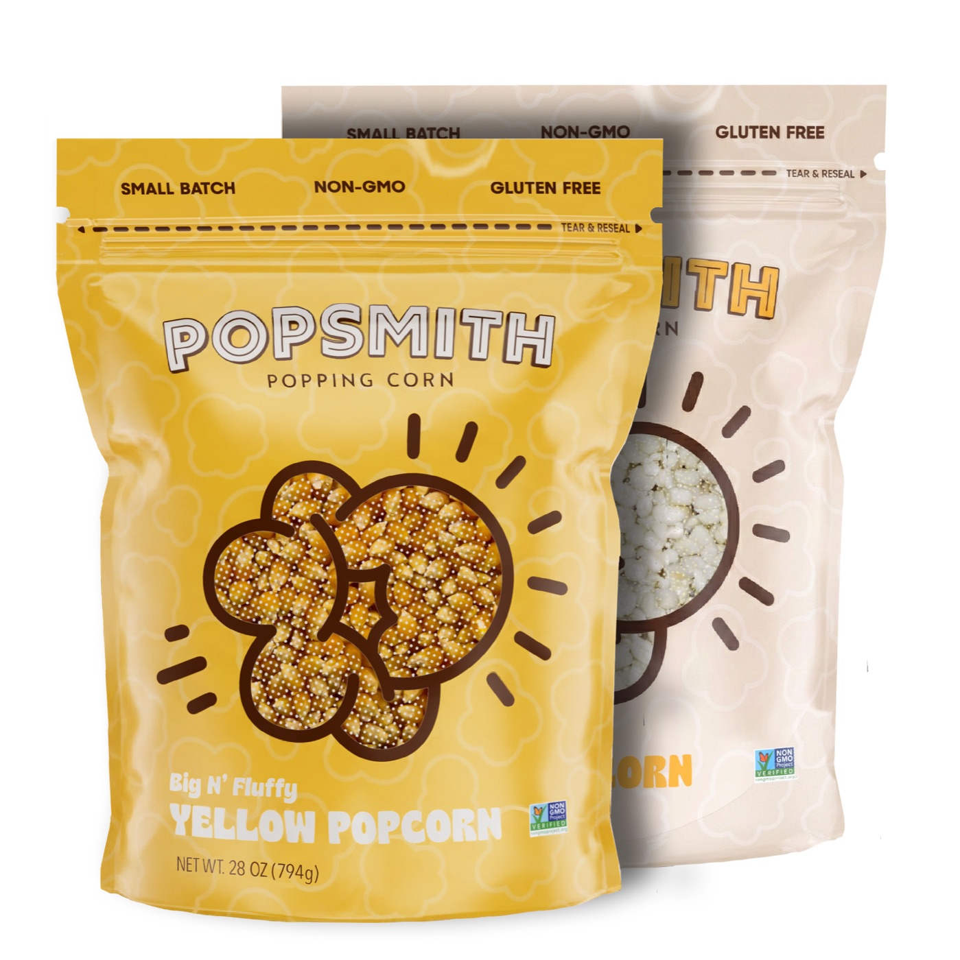 New Popsmith bagged popcorn — Big N' Fluffy yellow and white popcorn pouches